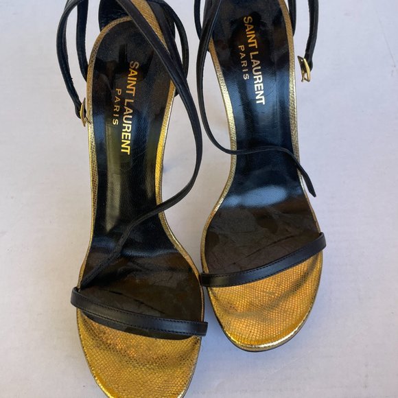 Saint Laurent Paris Platform Sandals 39.5 Gold/Black Leather Thin Ankle Strap - Picture 4 of 10